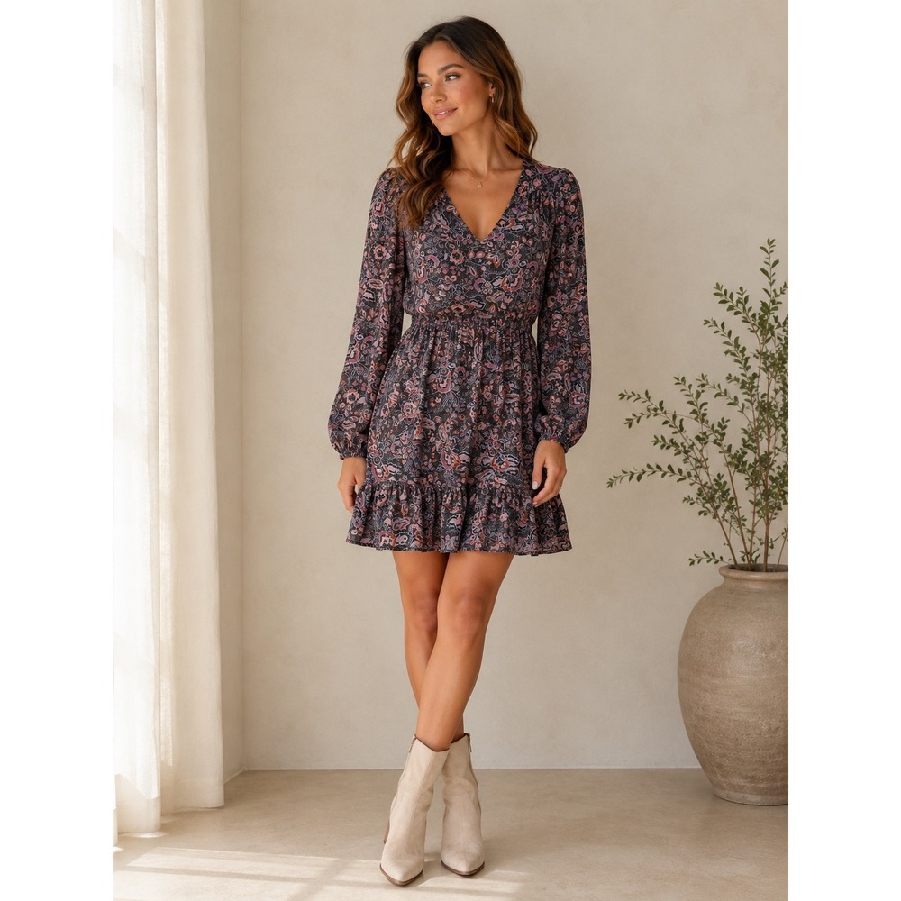 Evereve Olympia Black Purple Floral Dress Long Sleeve Ruffle Boho Womens Small